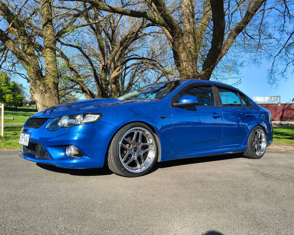Ford Falcon FG Blue with D-Speed DS-09 dspeed ds09 Shadow chrome wheels rims tyres alloy wheel lowered xr6 xr8