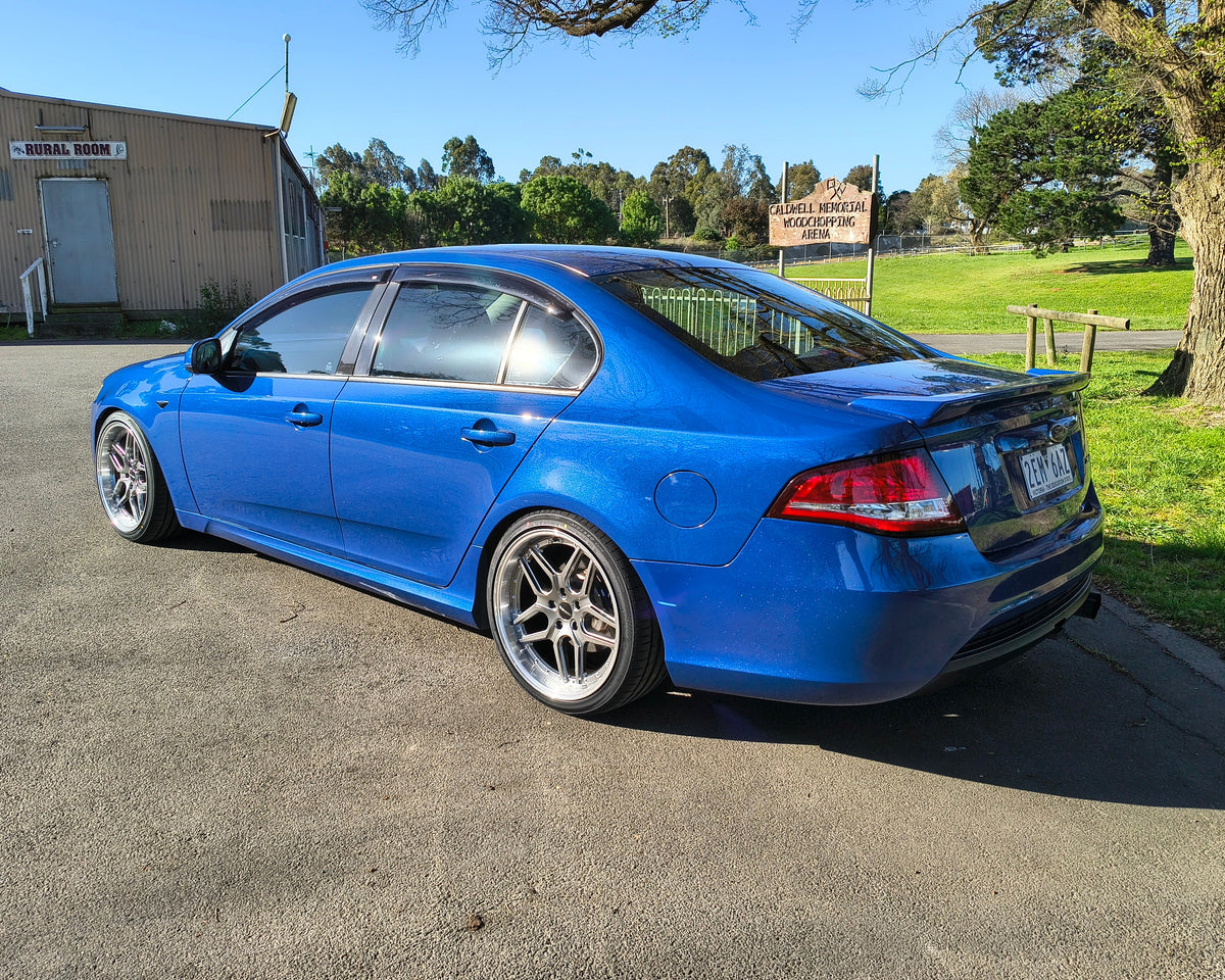 Ford Falcon FG Blue with D-Speed DS-09 dspeed ds09 Shadow chrome wheels rims tyres alloy wheel lowered xr6 xr8