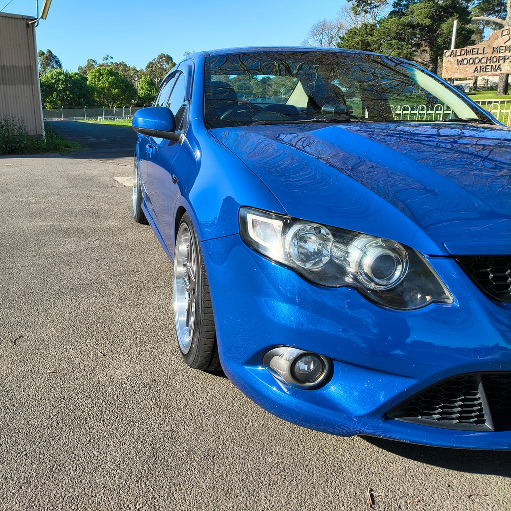 Ford Falcon FG Blue with D-Speed DS-09 dspeed ds09 Shadow chrome wheels rims tyres alloy wheel lowered xr6 xr8