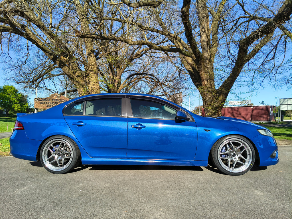 Ford Falcon FG Blue with D-Speed DS-09 dspeed ds09 Shadow chrome wheels rims tyres alloy wheel lowered xr6 xr8