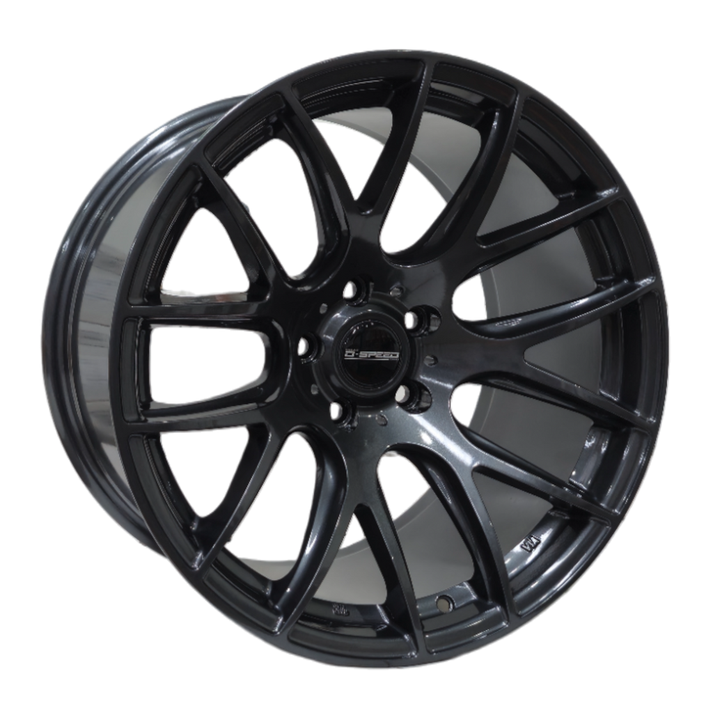 A black multi-spoke after-market performance wheel designed for big brake clearance.