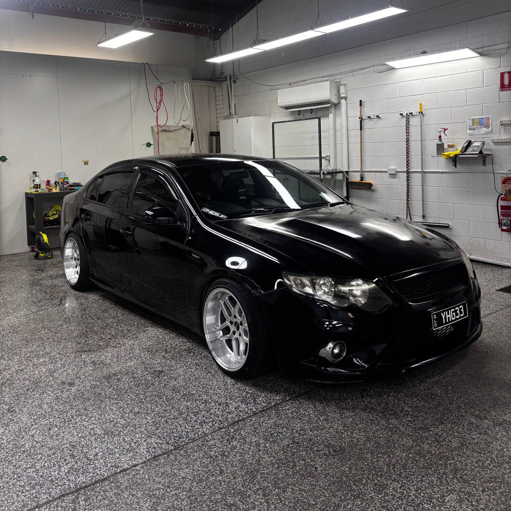 Black ford falcon FG with dspeed D-speed DS09 ds-09 wheels rims dish tuner silver spoke fitment 19x10.5 19inch