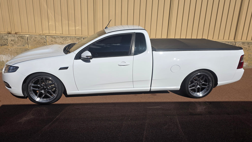 White ford falcon fg ute with dspeed d-speed ds09 ds-09 19x8.5 19x10.5 alloy wheels rims mags tyres drift race car