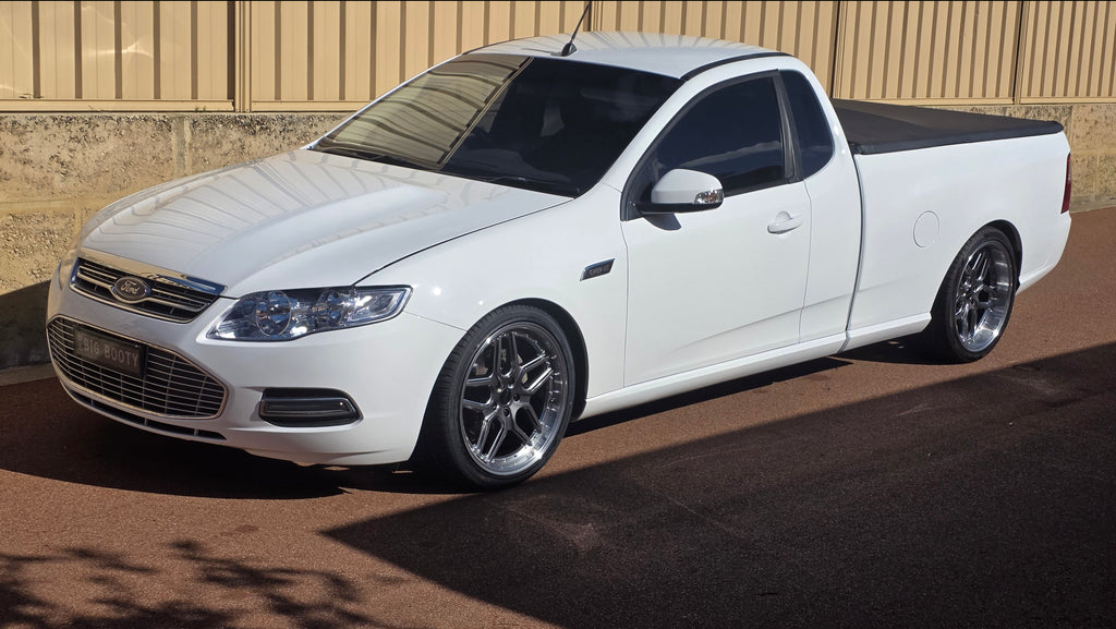 White ford falcon fg ute with dspeed d-speed ds09 ds-09 19x8.5 19x10.5 alloy wheels rims mags tyres drift race car