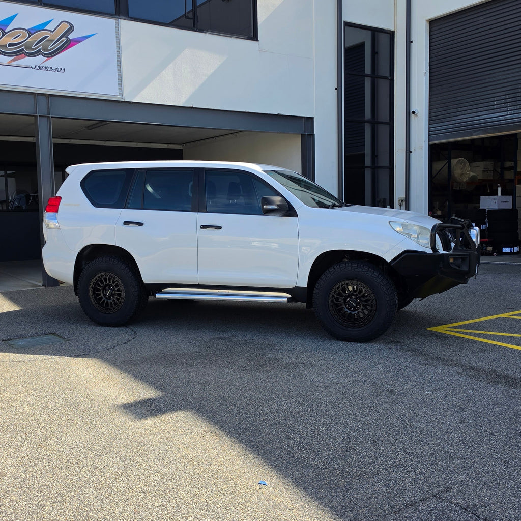Toyota 150 Prado andcruiser with DSpeed D-Speed MH2 MH-2 wheels 4x4 rims offroad off road 1500kg load rated wheels satin black beadlock 275/70R17 all terrain tyres