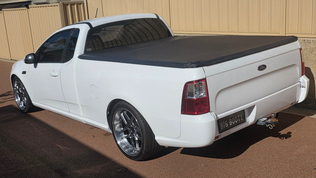 White ford falcon fg ute with dspeed d-speed ds09 ds-09 19x8.5 19x10.5 alloy wheels rims mags tyres drift race car