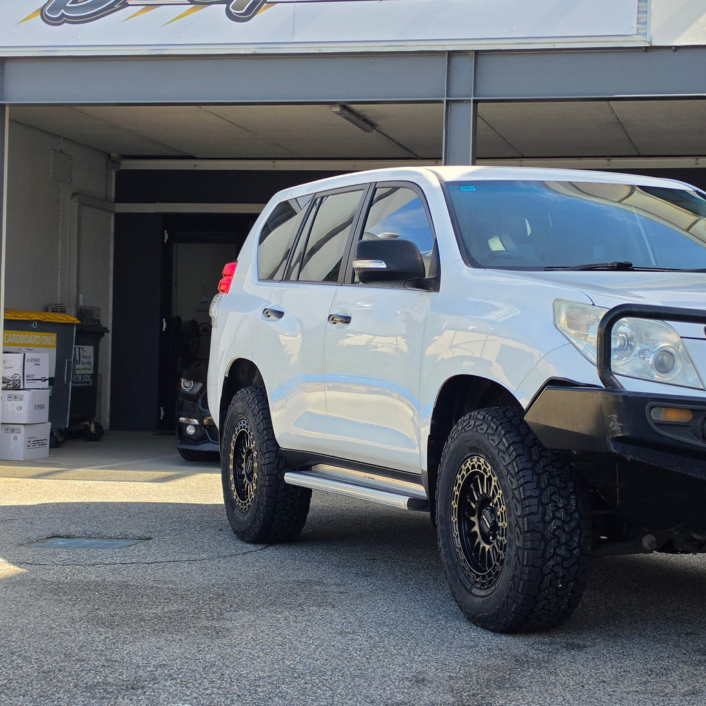 Toyota 150 Prado andcruiser with DSpeed D-Speed MH2 MH-2 wheels 4x4 rims offroad off road 1500kg load rated wheels satin black beadlock 275/70R17 all terrain tyres