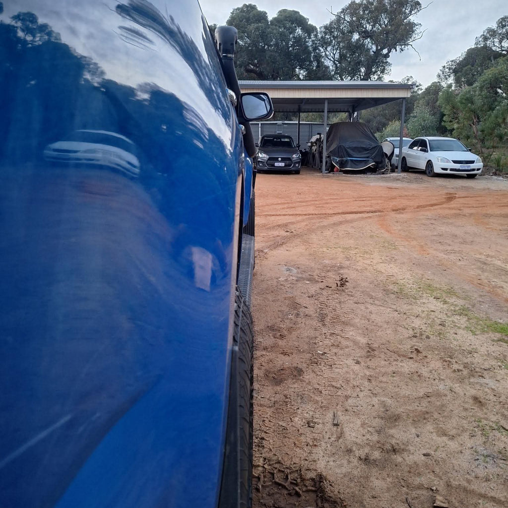 A blue pickup Holden Colorado RG with 285/70R17 Toyo open country tyres with DSpeed D-Speed xt1 xt-1 wheels. 4x4 wheels rims offroad off road
